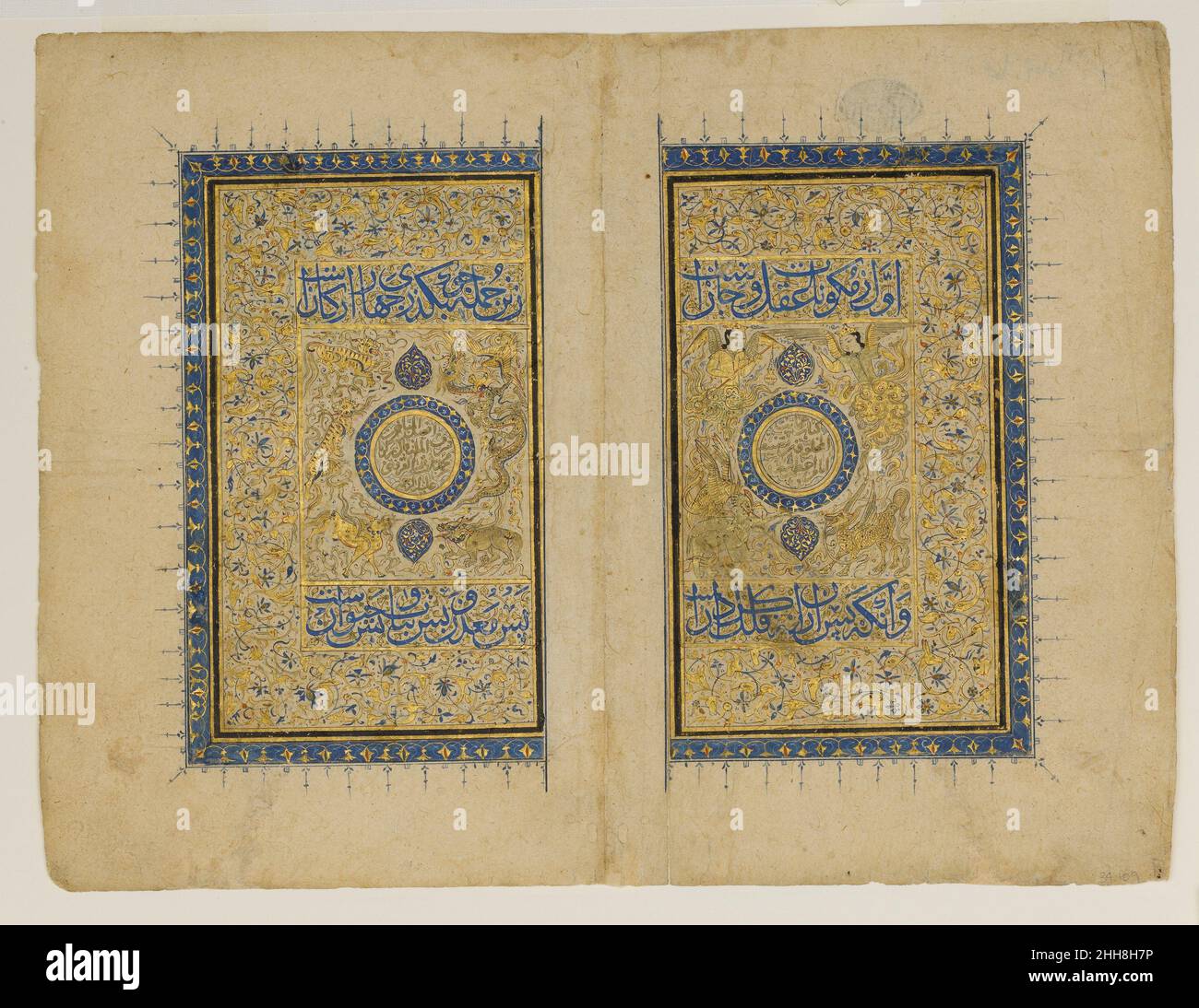 Double Title Page from a `Aja'ib al-Makhluqat wa Ghara'ib al-Mawjudat (The Wonders of Creation and the Oddities of Existence) 1414–35 Zakaria bin Muhammad bin Mahmud Abu Yahya Qazwini The Marvels of Creation contained information on various aspects of the heavens, the earth and its minerals, plants, birds and animals, as well as unusual phenomena and imaginary creatures. A rukh (roc) or 'anqa (fabulous bird) attacking an elephant and a karkadann (rhinoceros) can be seen to the right of each medallion, while on the left are depicted two tigers, a dragon and a phoenix, a ch'i-lin and another fab Stock Photo